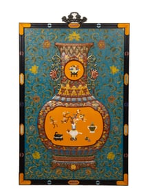 Bronze Cloisonne Multi GemStone Inlaid Carved Flower and Flower Pot Pattern Wall Panel