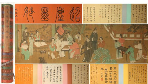 Chinese Drawing Character Story Hand Scroll,Zhou Wenju Mark