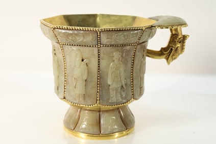 Jade Inlaid Gilt Bronze Carved Character Pattern Cup