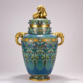 Bronze Cloisonne Carved Beast Face Pattern Double Beast Ears Vase