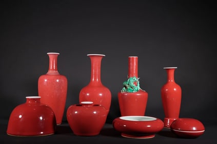 Group of Eight Red Glazed Porcelain Vase