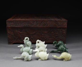 Group of Nine Jade Carved Goose Ornament