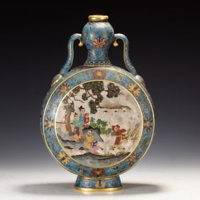 Bronze Cloisonne Carved Pine Tree and Character Story Pattern Double Ears Vase