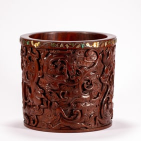Rosewood Inlaid Gem Stone Carved Dragon and Phoenix Pattern Brush Pot