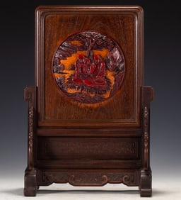 Huanghuali Wood Inlaid Lacquerware Red Carved Pine Tree and Character Story Pattern Table Plaque