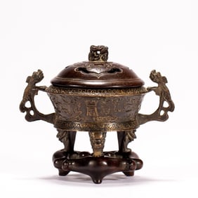 Bronze Carved Shou Pattern Double Dragon Ears Incense Burner