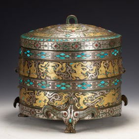 Bronze Gold and Silver Inlaid Carved Beast and Character Story Pattern Pot