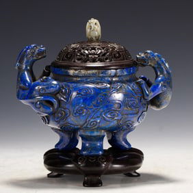 Lapis Carved Cloud Pattern Double Beast Ears Incense Burner and Jade Carved Crane Shape Lid