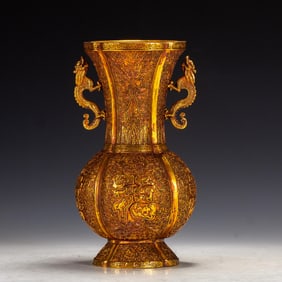 Gilt Bronze Carved Flower and Fu Pattern Double Dragon Ears Vase
