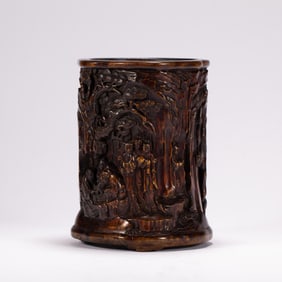 Bamboo Carved Pine Tree and Character Story Pattern Brush Pot