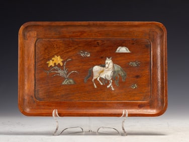 Huanghuali Wood Inlaid Gem Stone Carved Horse and Flower Pattern Plate