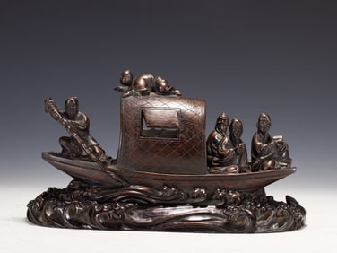 Agarwood Carved Character and Boat Shape Ornament