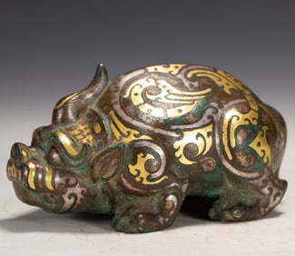 Bronze Gold and Silver Inlaid Carved Beast Shape Ornament