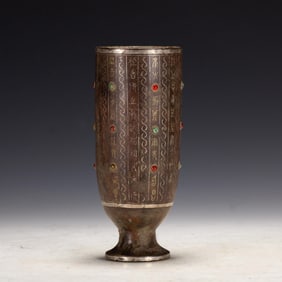 Bronze Gold and Silver Inlaid Gem Stone Carved Poetry Pattern Cup
