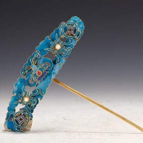 Gilt Silver Blue Feather Inlaid Gem Stone Carved Butterfly and Shou Pattern Hairpin