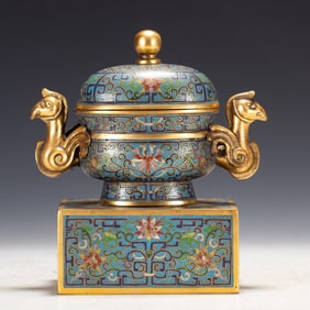 Bronze Cloisonne Carved Flower Pattern Double Horse Ears Incense Burner