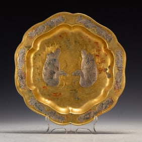 Gilt Bronze Inlaid Silver Carved Mandarin Duck Pattern Plate