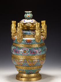 Bronze Cloisonne Carved Flower and Beast Face Pattern Five Dragon Shape Hole Vase