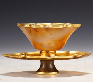 Agate Inlaid Gilt Bronze Cup and Plate