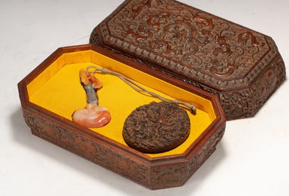 Agate RuYi Ornament and Huanghuali Wood Carved Dragon Stone Seal and Huanghuali Wood Carved Dragon