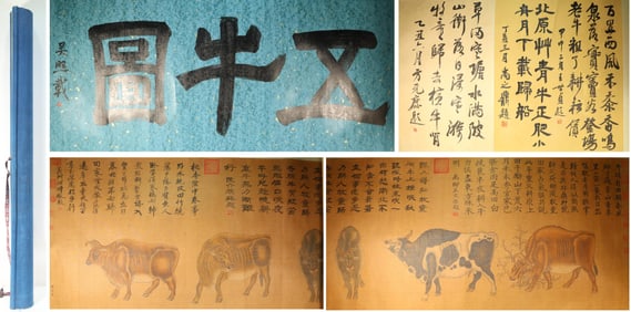 Chinese Drawing Ox Hand Scroll,Yan Ciping Mark