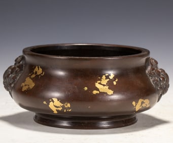 Bronze Sprinkling Gold Double Lion Ears Incense Burner