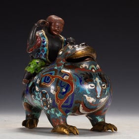 Bronze Cloisonne Carved Flower Pattern Children and Beast Shape Incense Burner