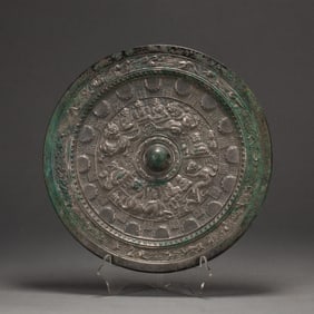 Chinese Bronze Carved Beast and Character Pattern Mirror