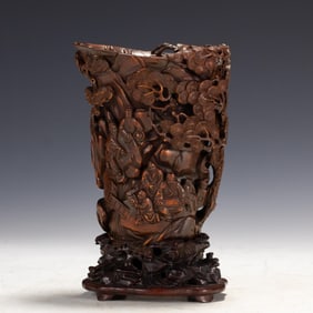 Huanghuali Wood Carved Pine Tree and Character Pattern Brush Pot