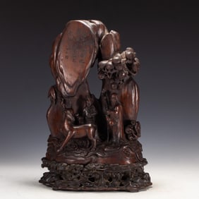 Agarwood Carved Pine Tree and Character Story & Deer Pattern Ornament