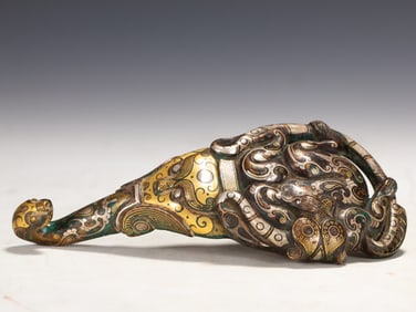 Bronze Gold and Silver Inlaid Carved Beast Face Pattern Dragon Shape Belt Hook