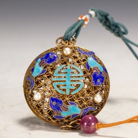 Gilt Silver Blue Feather Inlaid Gem Stone Carved Fish and Shou Pattern Incense Burner