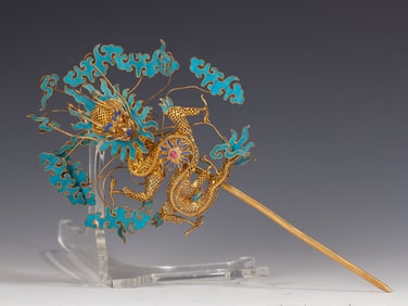 Gilt Silver Blue Feather Inlaid Gem Stone Carved Flower and Dragon Pattern Hairpin