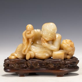 Jade Carved Arhat and Beast Ornament