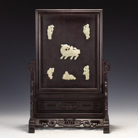 Red Sandalwood Inlaid Jade Carved Beast and Character Pattern Table Plaque