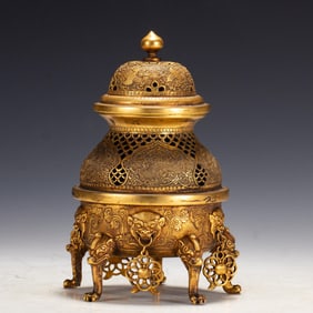 Gilt Bronze Carved Dragon and Phoenix Pattern Incense Burner