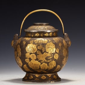 Gilt Silver Carved Flower and Bird Pattern Handle Pot