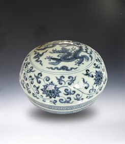 Blue and White Dragon with Flower Pattern Porcelain Round Lid Jar