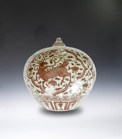 Red in Glazed Kiln with Bird Pattern Porcelain Jar