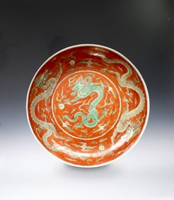 Drawing Dragon Pattern in Red Base Porcelain Plate