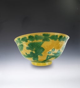 Pair of Green Drawing Character Pattern on Yellow Base Pocelain Bowl