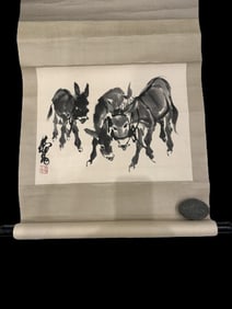 Chinese Drawing Three Donkeys Painting, Huang Zhou Mark