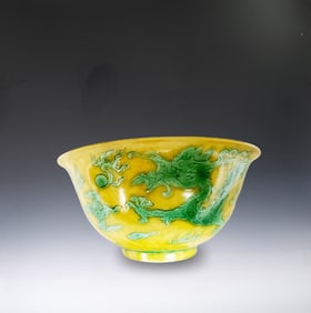 Chinese Yellow Ground Green Dragon Pattern Porcelain Bowl