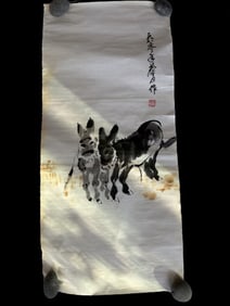 Chinese Drawing Two Donkeys Painting, Huang Zhou Mark