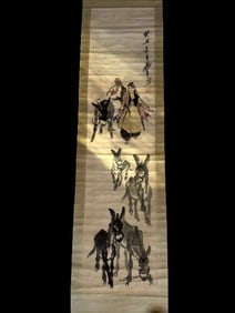 Chinese Drawing Beautiful Lady with Donkey Painting, Huang Zhou Mark