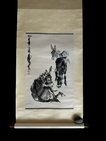Chinese Drawing Donkeys Painting, Huang Zhou Mark