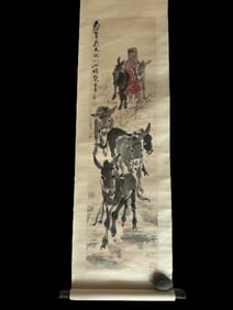 Chinese Drawing Beautiful Lady with Donkey Painting, Huang Zhou Mark