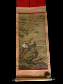 Chinese Drawing Bird with Bamboo Silk Painting