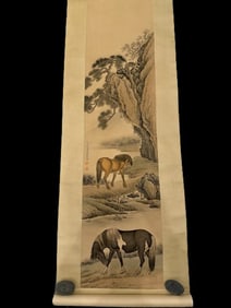 Chinese Drawing Horse with Landscape Painting, Lang Shining Mark