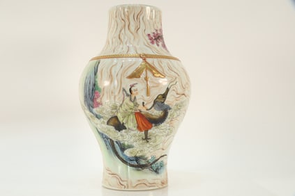 Marble Glazed Famille Rose Character and Beast Pattern Porcelain Vase